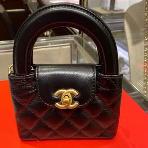 New 23K CHANEL KELLY Black Gold Top Handle Nano Mini SLG Shopping Bag
